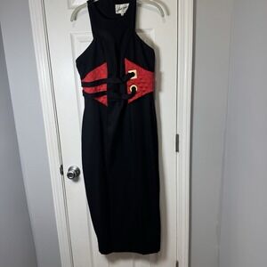 Vintage Linda Segal Corset Dress Womens 8 Black Red Sleeveless High Neck USA